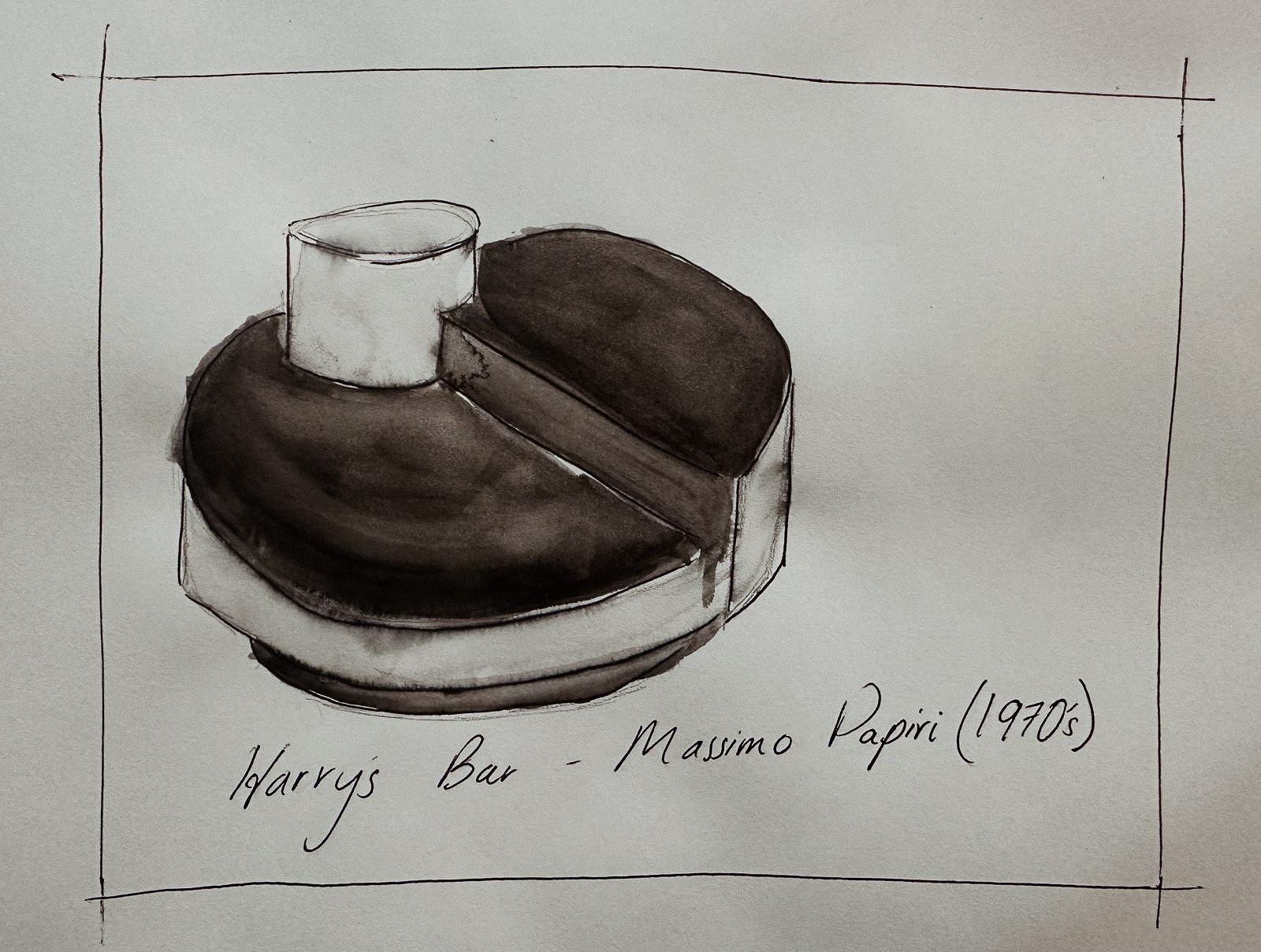Study after Massimo Papiri of a round drum table closed, wash and pencil, annotated Harry's Bar 1970s