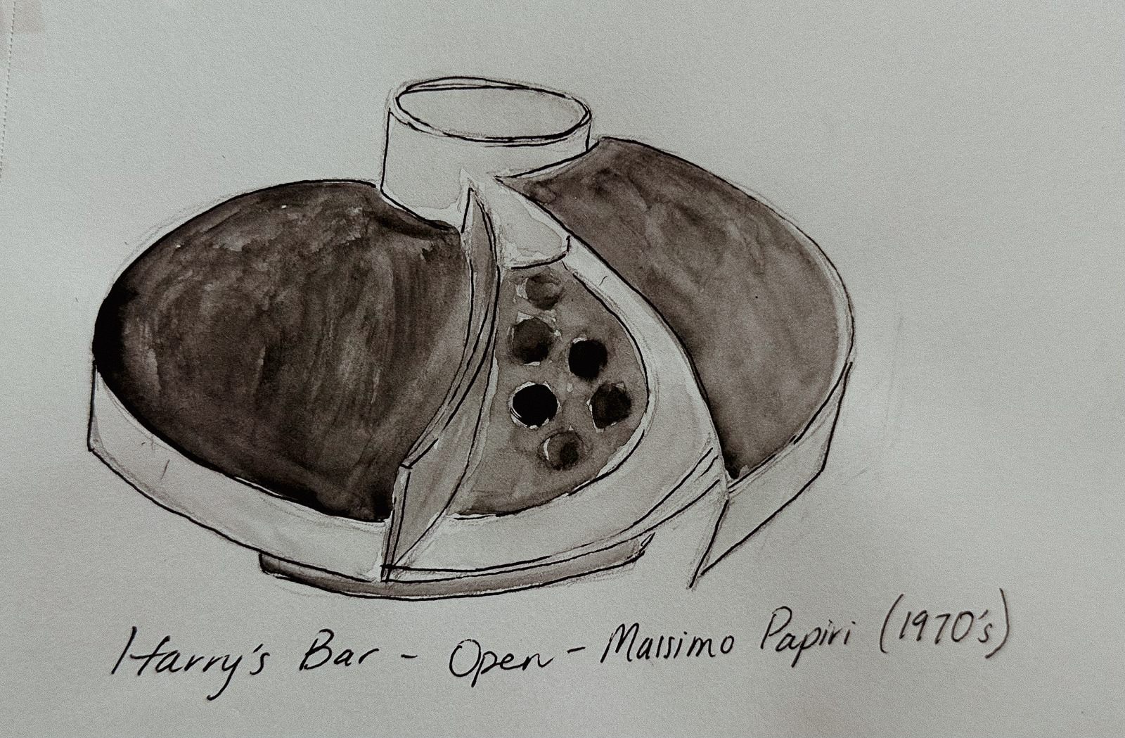 The same table swung open to show the recessed glass wells inside, annotated Harry's Bar Open