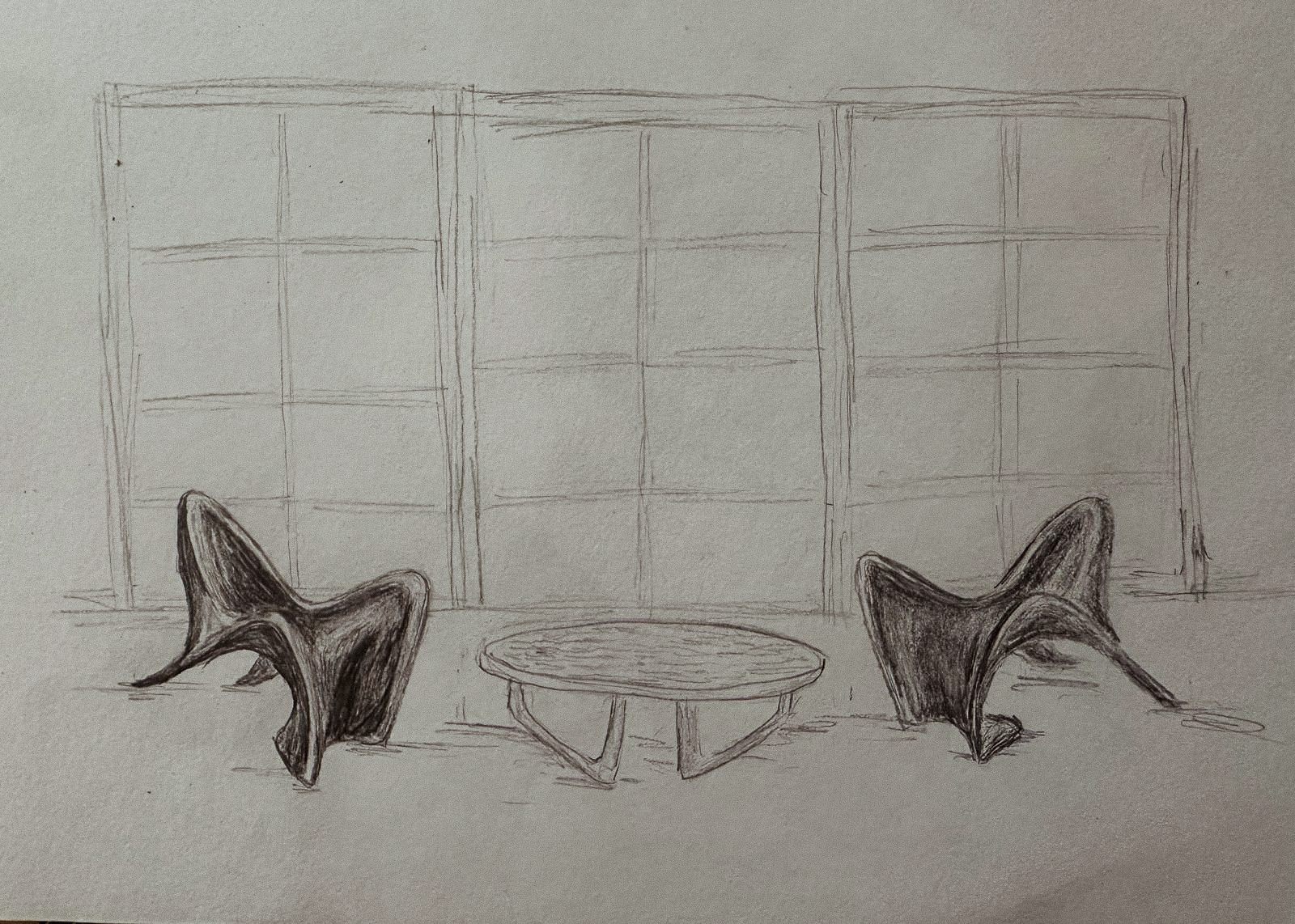 Pencil study of a panelled screen wall with two sculptural chairs and a low table