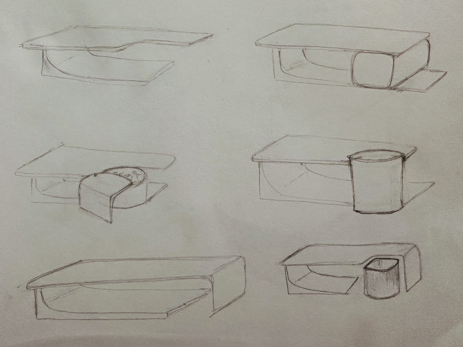 Sheet of pencil isometrics of low tables and a drum stool