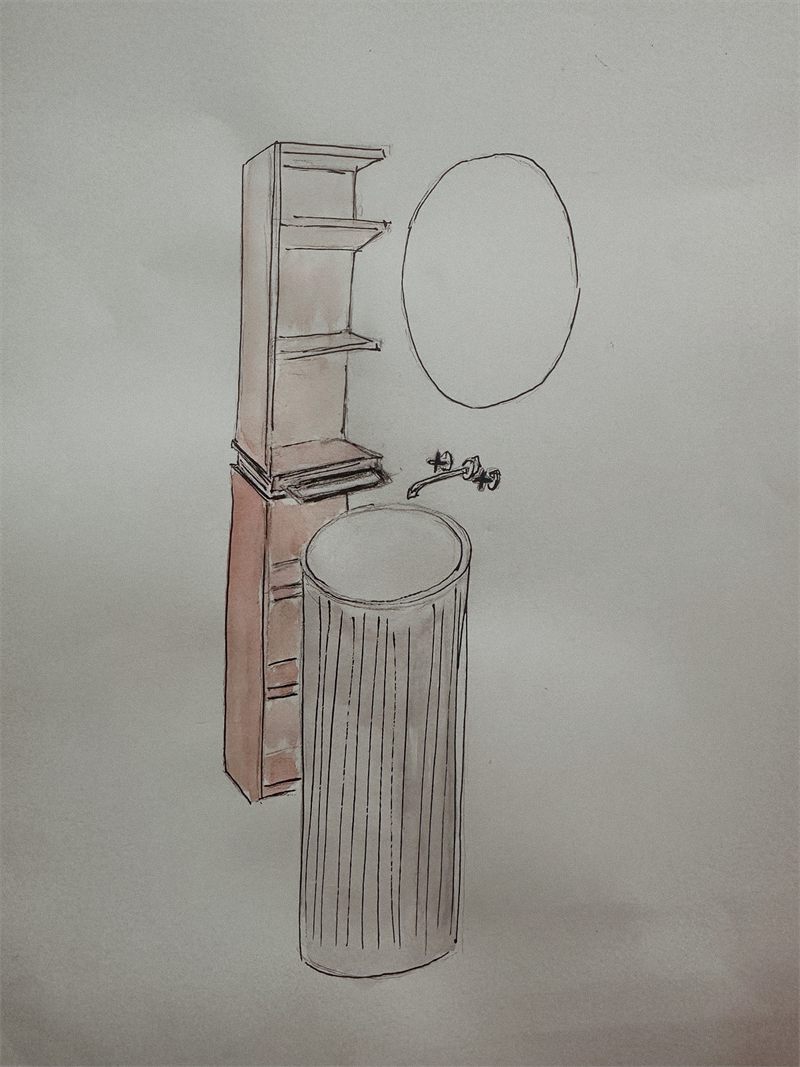 Study of a powder-room vanity: a tall shelving stack, an oval mirror, and a fluted cylindrical basin