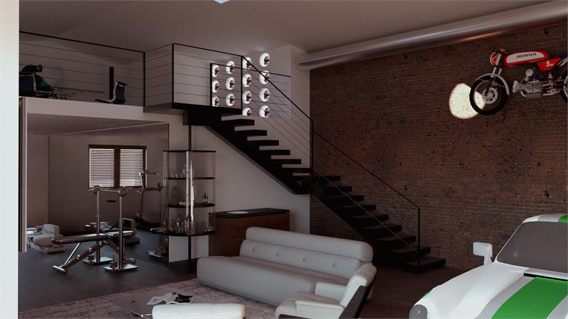 Mirrored revolving bar column beside white seating, motorcycle mounted above