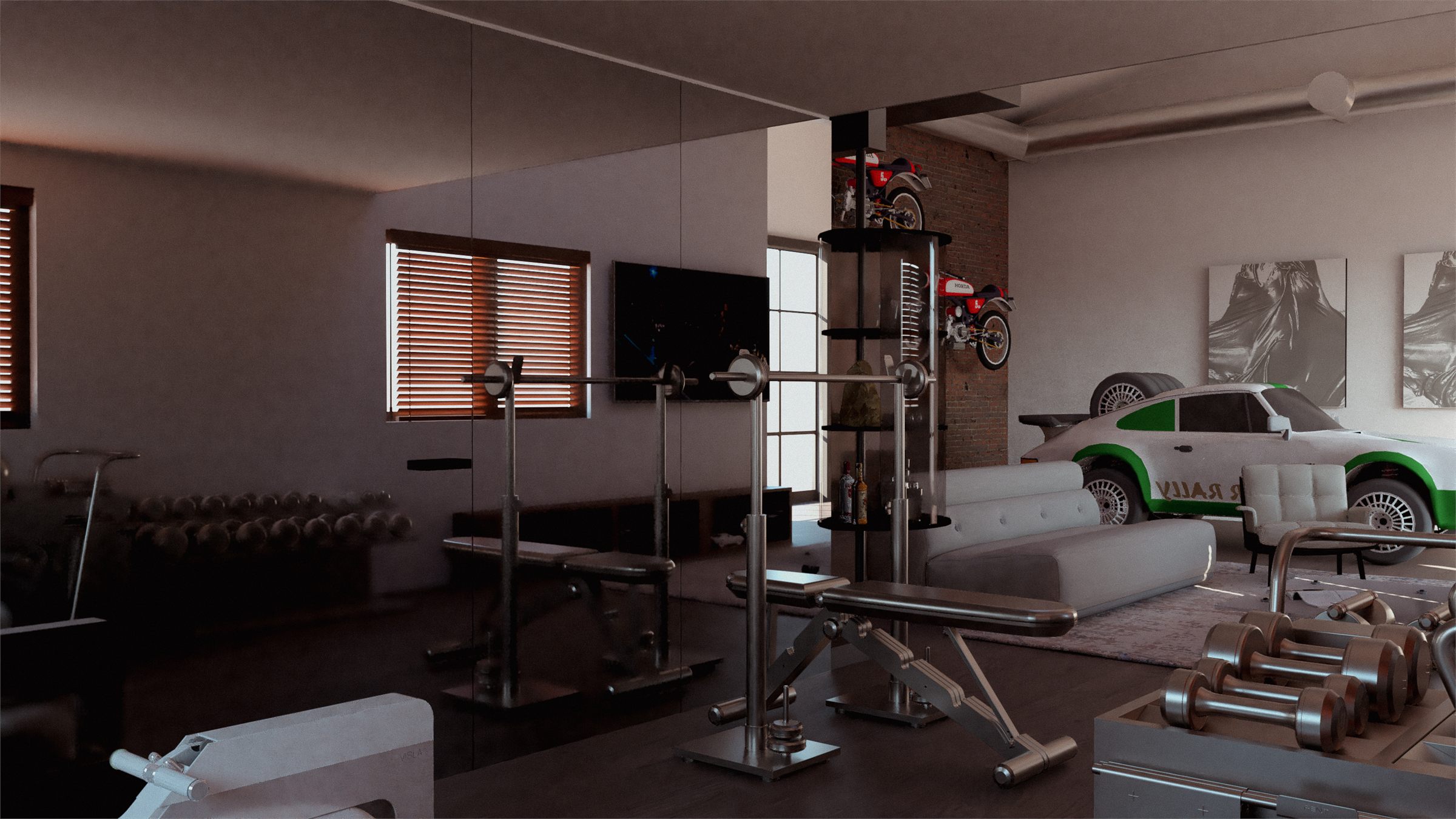 The bar column seen from the gym, cars beyond the glazed partition