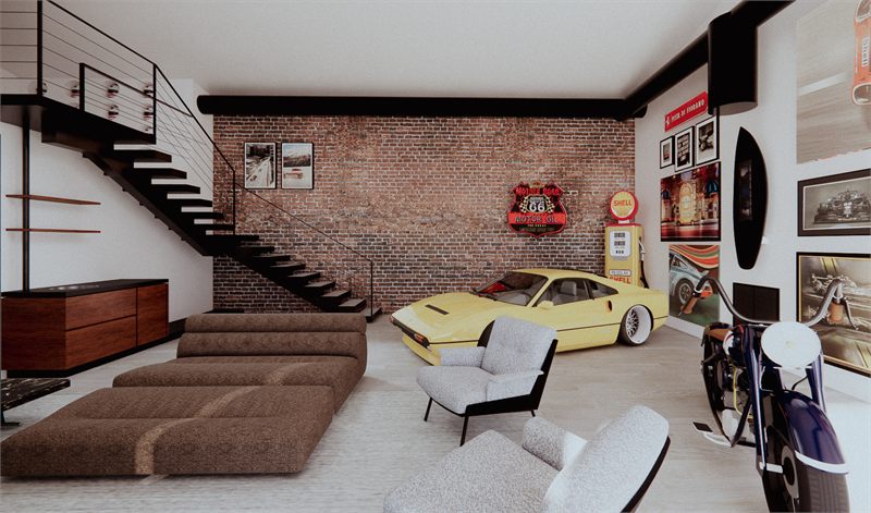 Yellow sports car and a motorcycle on the car floor against exposed brick, stair rising behind
