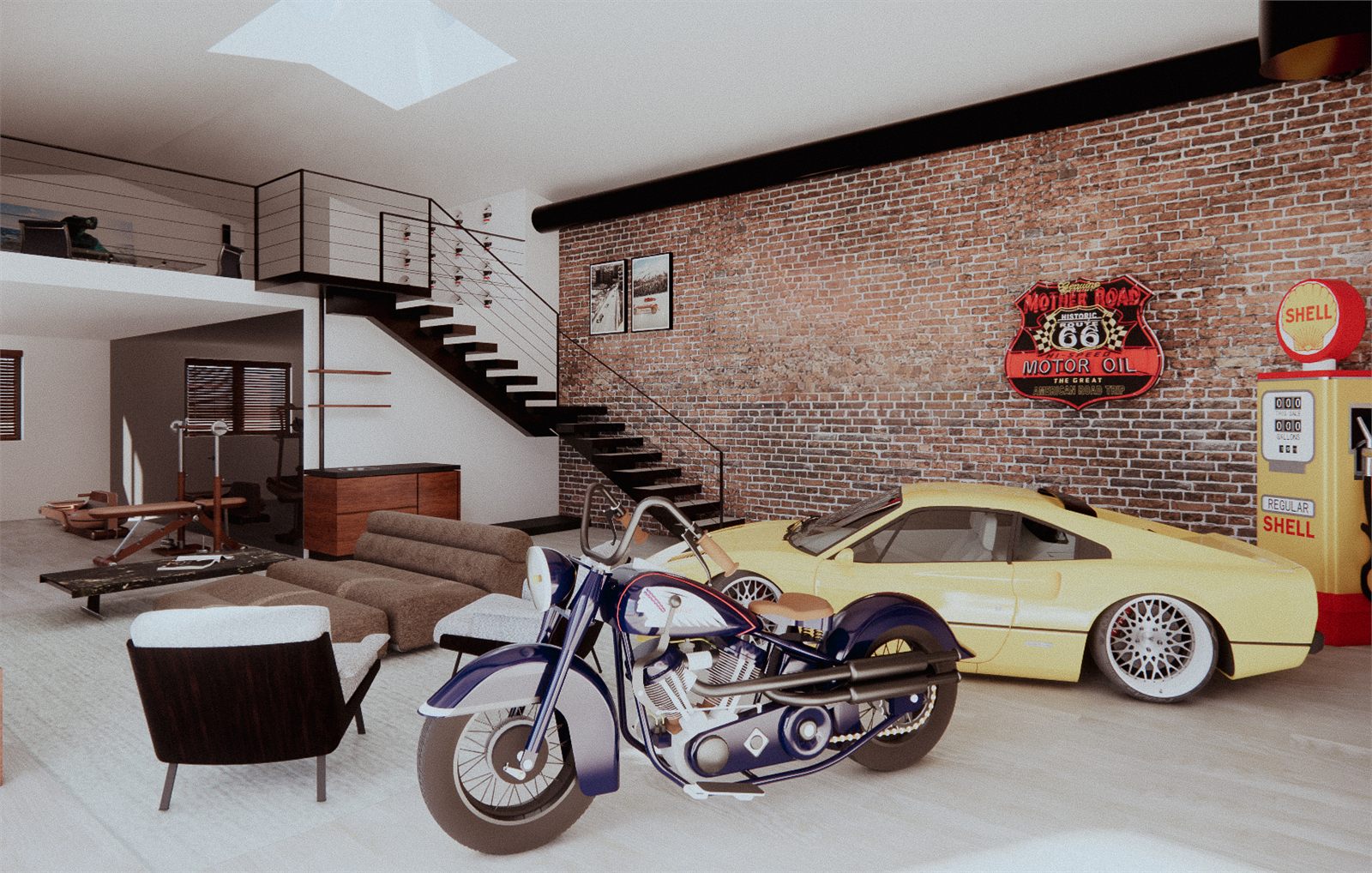 Low seating and a coffee table set in front of the cars under a skylight