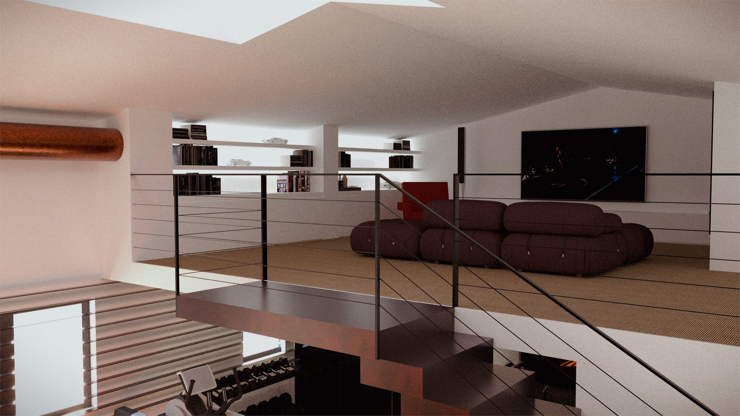 The same mezzanine from the head of the stair, shelving and television beyond