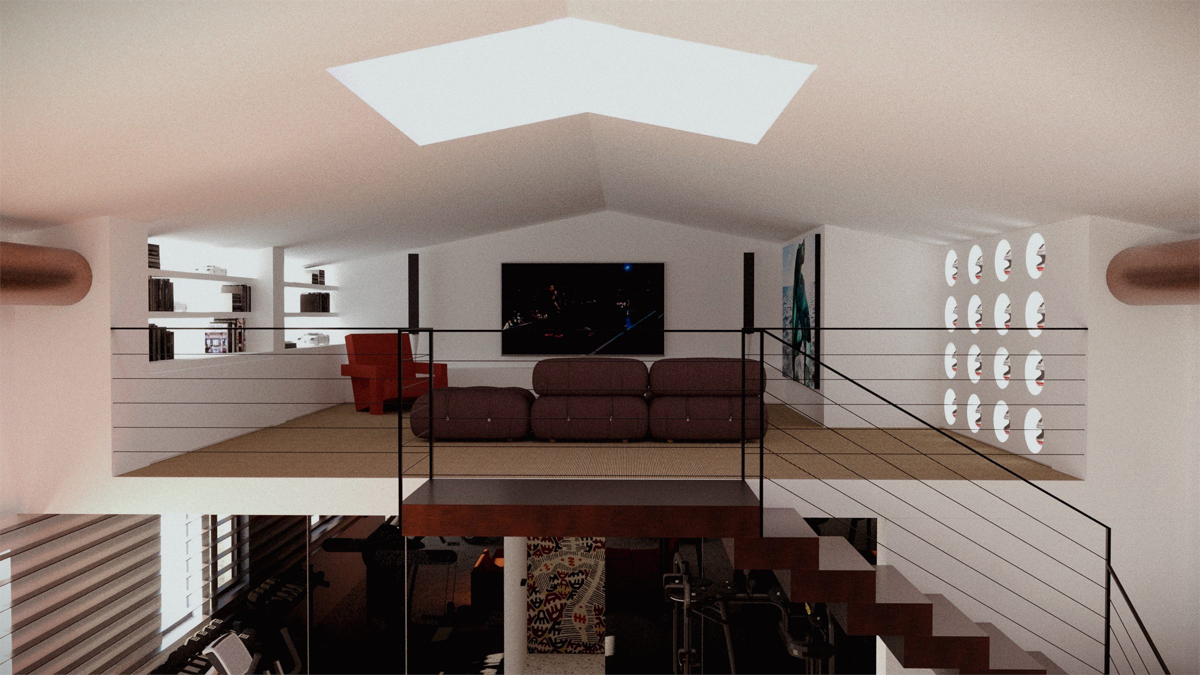 Mezzanine sitting room behind a cable balustrade, looking down over the car floor